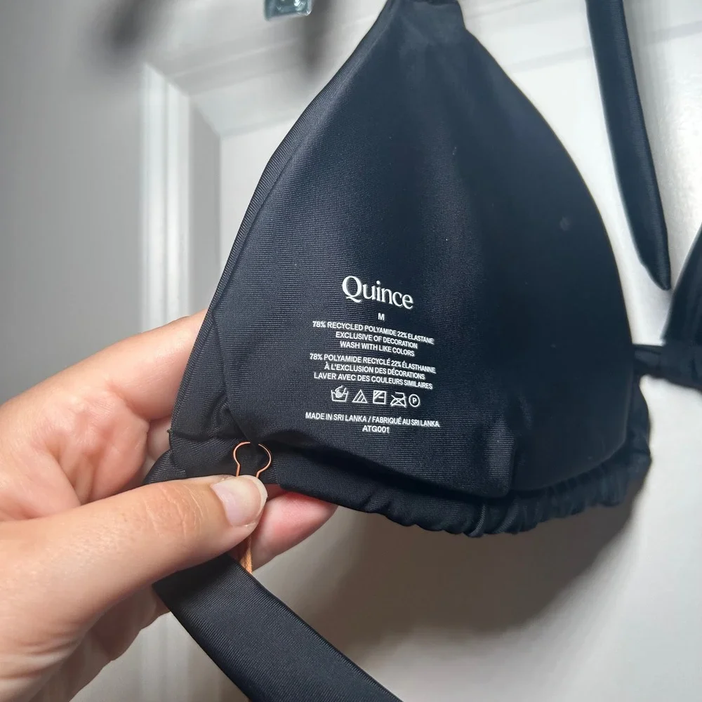 NWT Quince Black Recycled Polyamide Triangle Halter Bikini Top Gold Hardware M